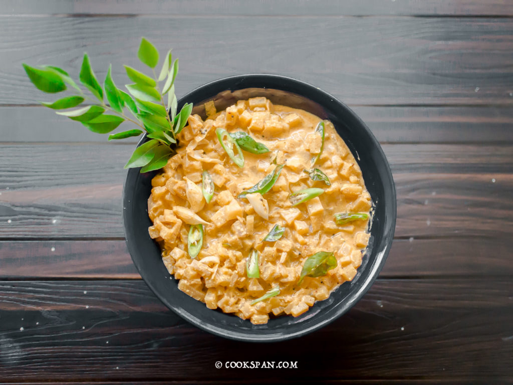 Dahi Manja or Banana Stem Kadhi or Banana Stem Cooked in Mustard Flavored Yogurt