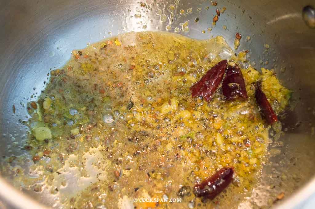 Cooking the Green chilies, Ginger and Garlic paste.